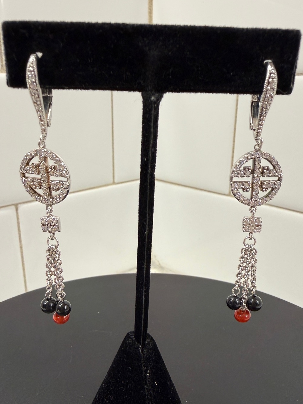 Silver-tone Dangle Earrings with Black and Red Beads